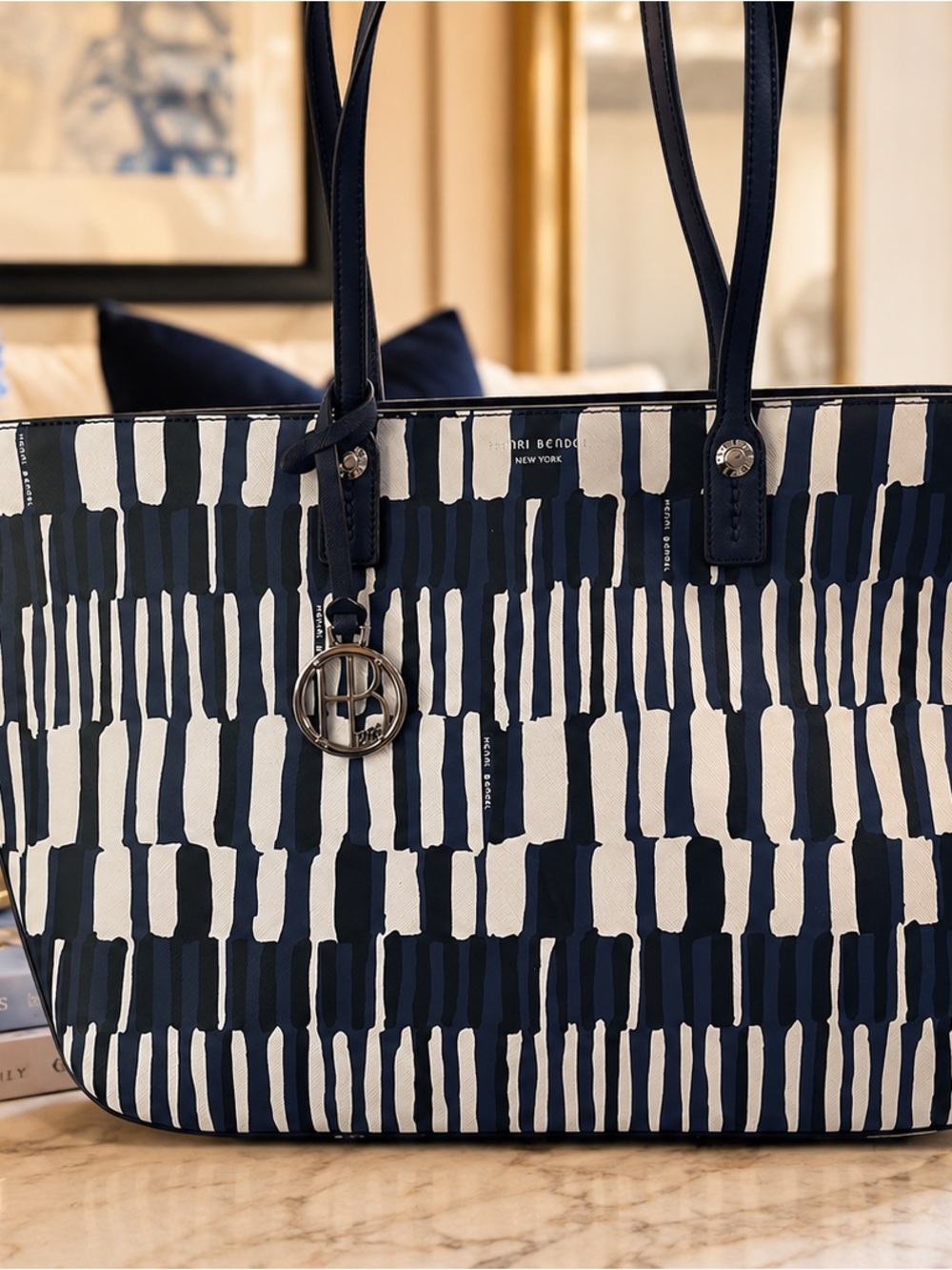 HENRI BENDEL BLUE & WHITE WATERCOLOR TOTE BAG WITH SIGNATURE HB CHARM
